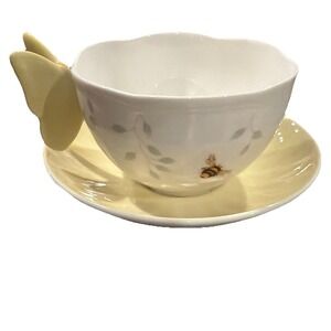 Lenox Butterfly Meadow Tea Cup And Saucer Set Bee Butterfly Handle Yellow NEW